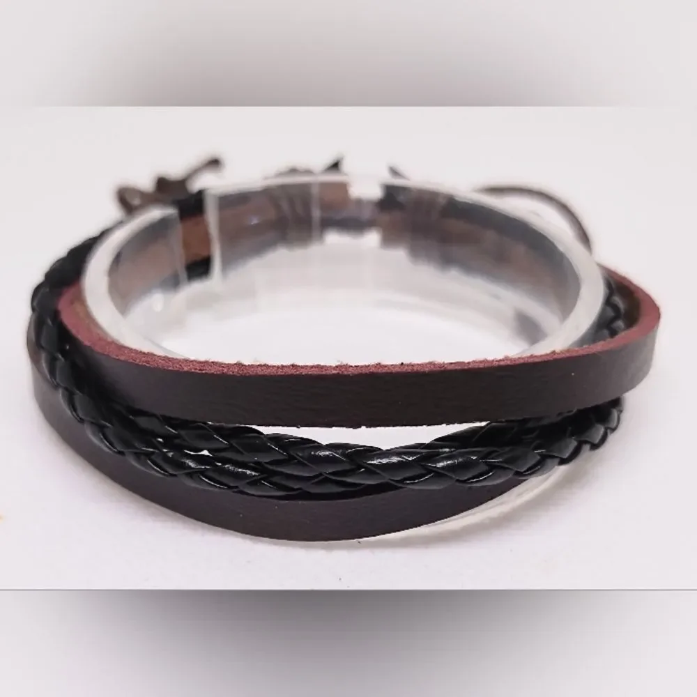 Men's leather‎ bracelet layered braided brown new e50